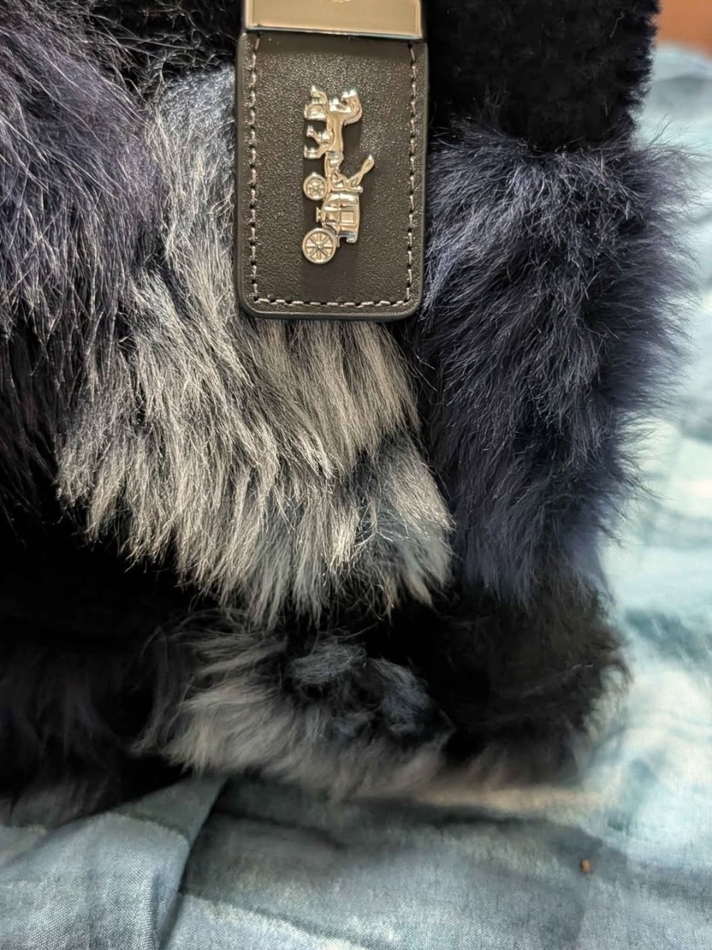 Coach Navy and Gray Fox Fur Tote with Signature Horse & Carriage Accent